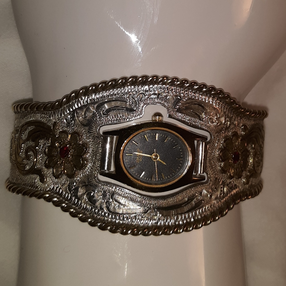 Sterling Silver and Ruby Cuff Bracelet with Watch